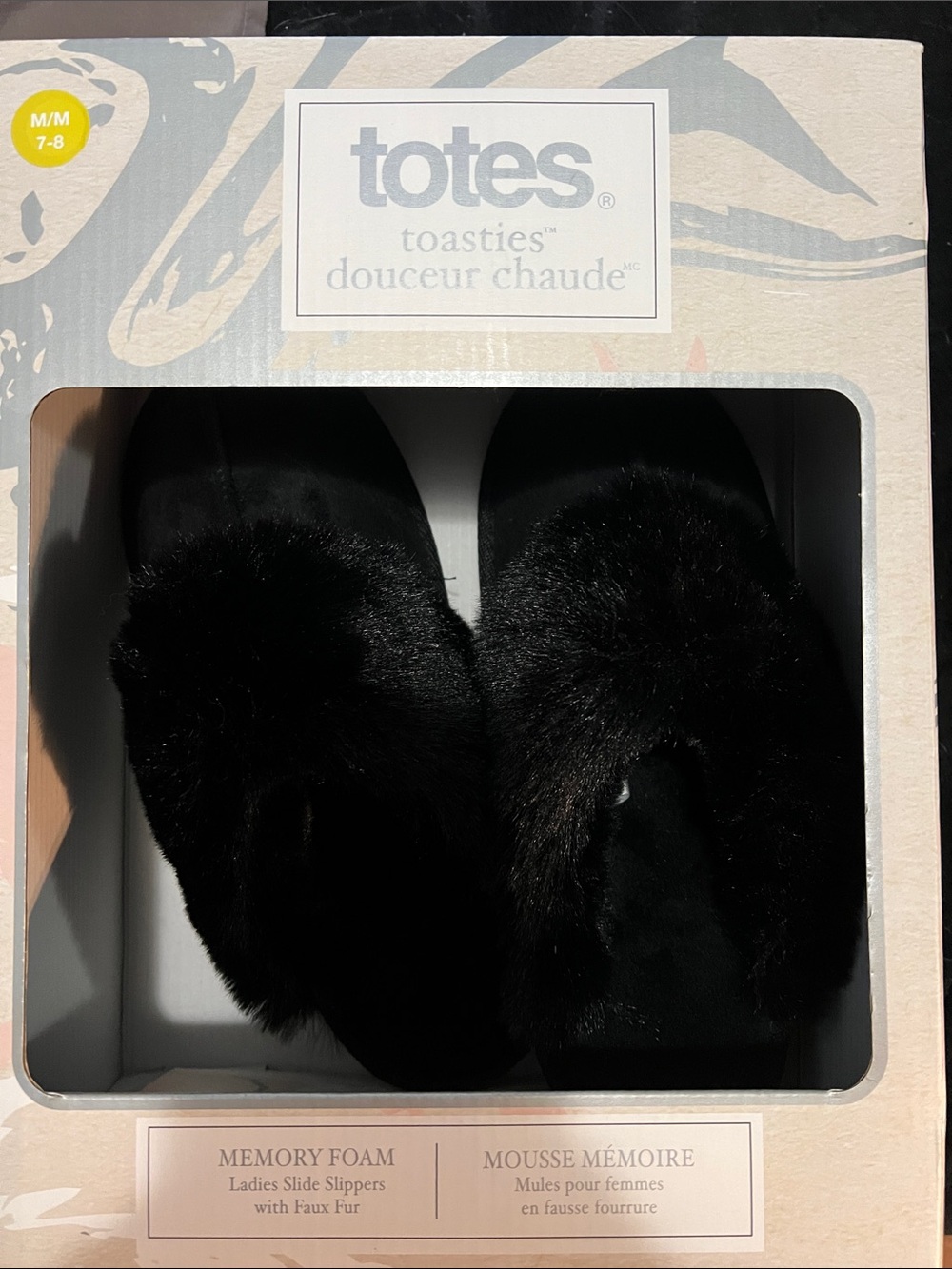 totes Black Faux Fur Slide Slippers